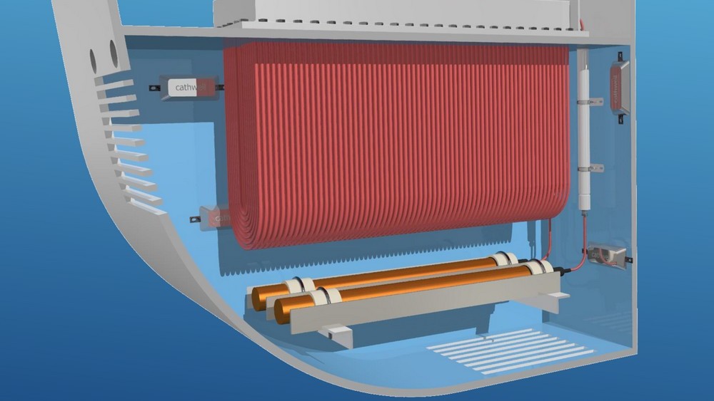 En bokskjøler er montert vekk fra motor og sørger for kjøling uten å utsette motoren for sjøvann. Her et eksempel fra Cathwell (cathwell.com).